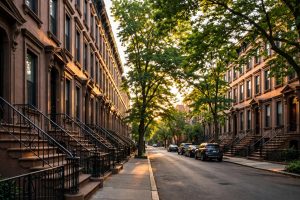 Brownstone townhouses with stoops on a tree lined street in Brooklyn, New York in golden evening light